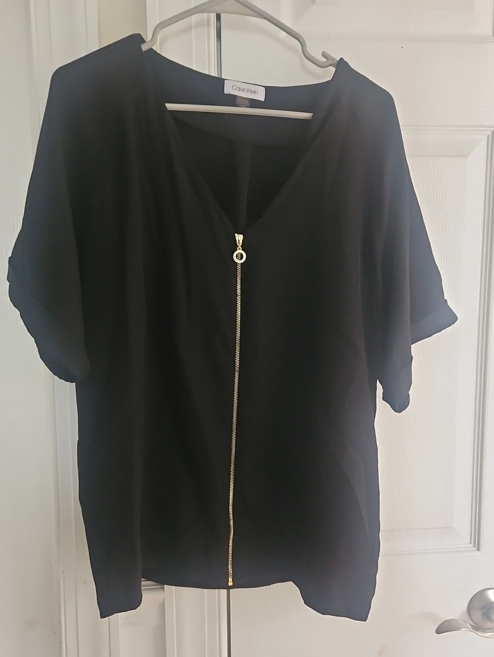 Calvin Klein Black Short-Sleeve Zip-Front Blouse with Gold Hardware